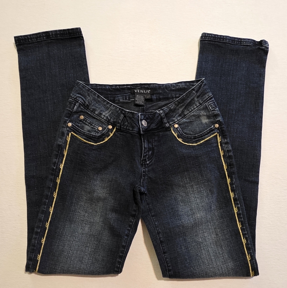 Vintage Y2K Venus Jeans Metallic Thread Embroidered Dark Wash Denim Straight Leg